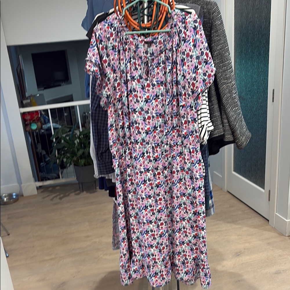 Floral Tie-Neck Short Sleeve Dress - Pink Multi